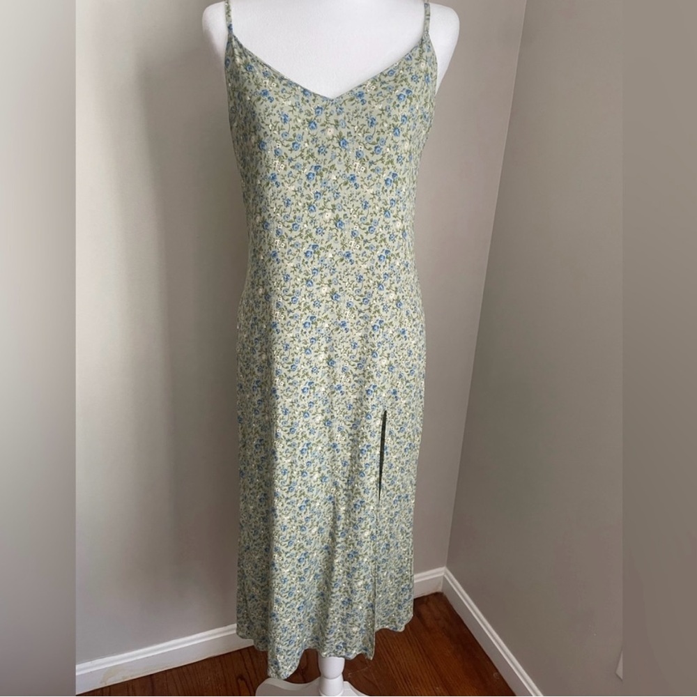 Reformation Green Floral Crimini Slip Dress with Slit Size 8